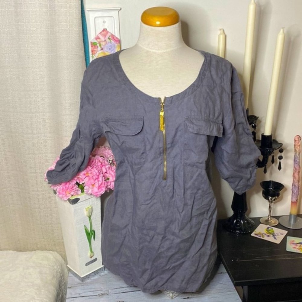 🌷Ellen Tracy🌷 Charcoal Gray Linen Top Beautiful Gold Zipper
